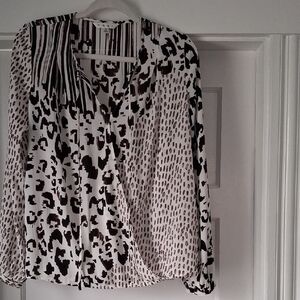 CAbi Mixed Animal-Print Long Sleeve Blouse - White & Black